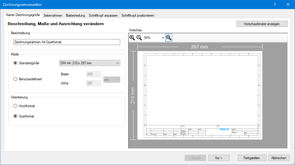 Ansicht des Zeichnungsrahmeneditors