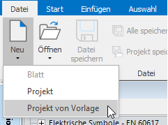 Menüpunkt zur Anlage eines Projektes basierend auf einer Vorlage