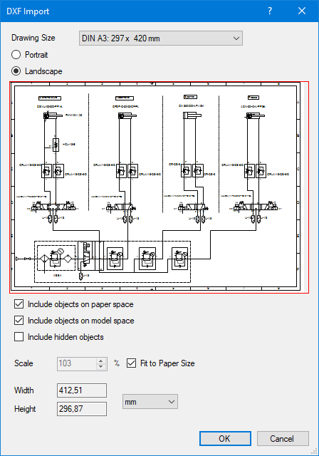 DXF import dialog in FluidDraw