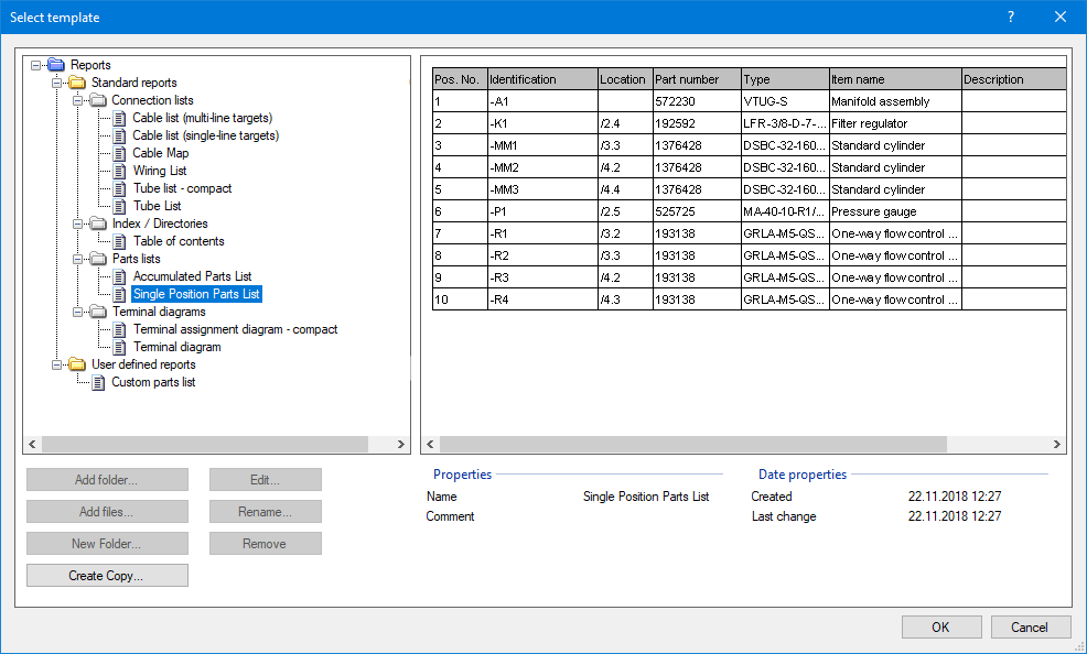 Selection dialog for reports