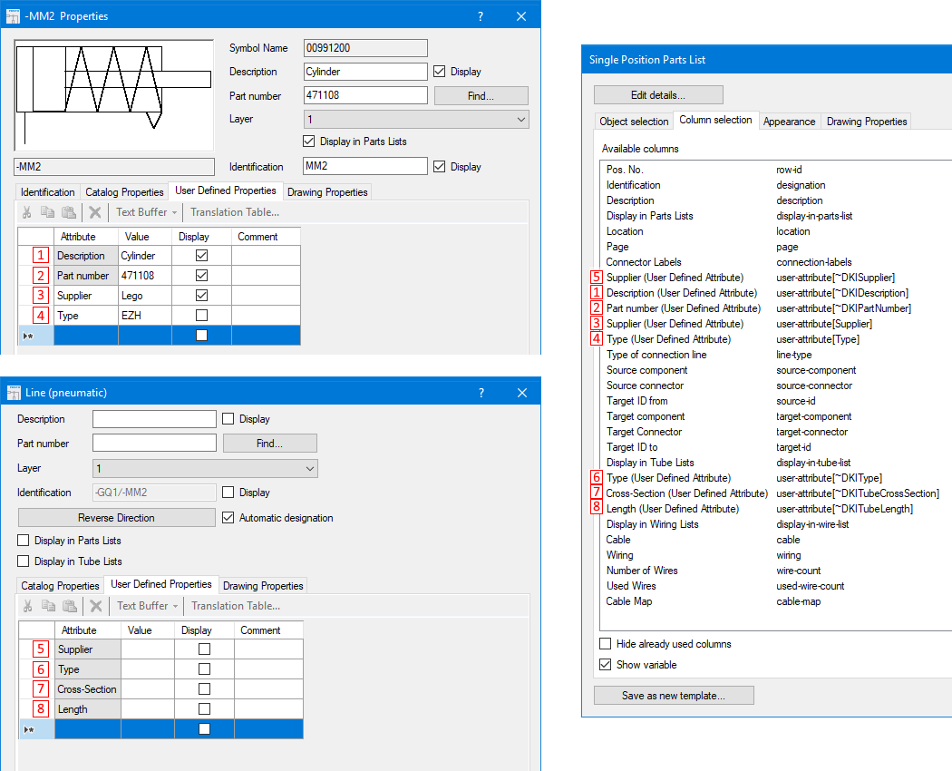User attributes in parts lists